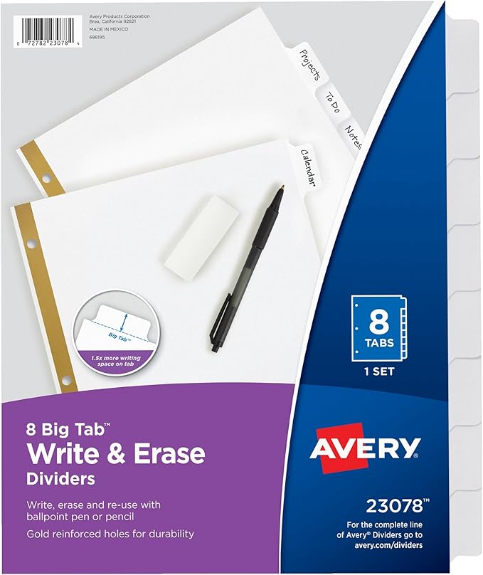 Avery 8-Tab Binder Dividers, Write & Erase White Big Tabs, 1 Set (23078)