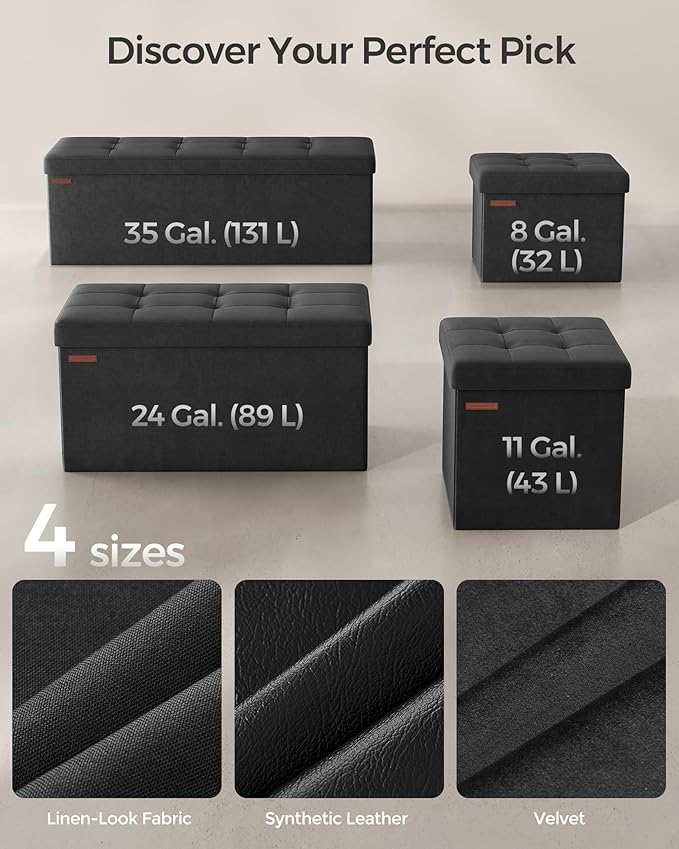 SONGMICS Mazie Collection - Storage Ottoman Bench, Foldable Foot Rest, 15 x 30 x 15 Inches, End of Bed Bench, Storage Chest, Load 660 lb, Living Room, Bedroom, Entryway, Ink Black ULSF247B01