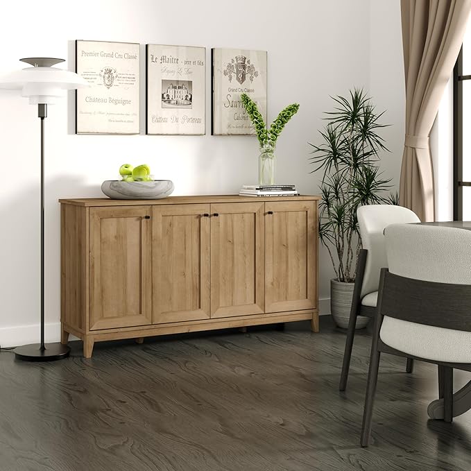 Prepac Yaletown 4 Panel Door Console Table with Storage, Oak Storage Cabinet with Doors and Shelves, Sideboard Storage Cabinet 60" W x 32" H x 16" D, OCBG-2220-1