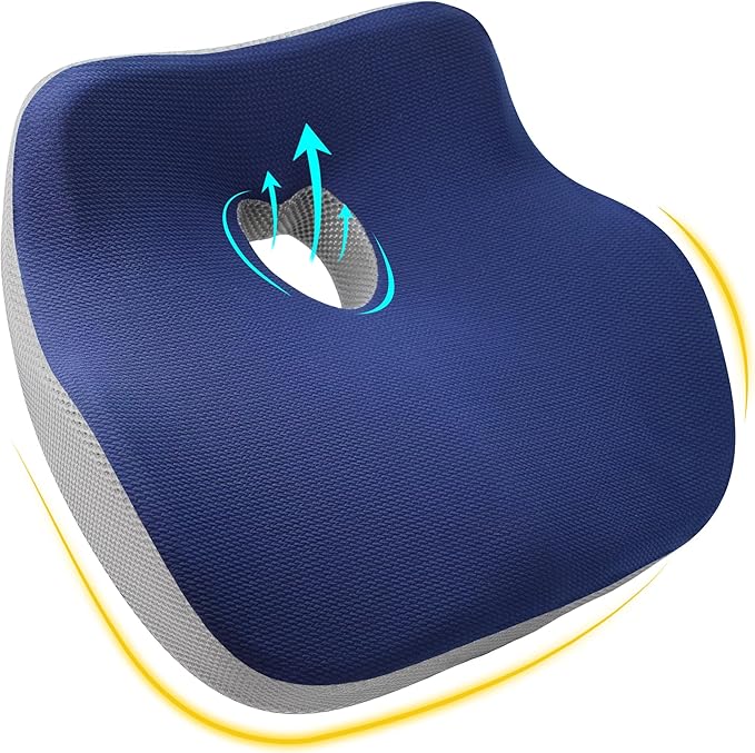 Car Seat Cushion, Ergonomic Memory Foam Car Cushion for Sciatica Pain Relief, Larger Driving Seat Pillow for Short Drivers on Long Drives - Butt Pillow for Truck, Office, Wheelchair - Blue&Gray