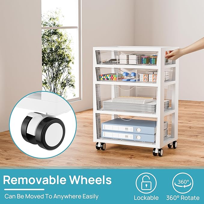 Vtopmart Plastic Drawer Storage Rolling Cart with Wheels, 4-Tier Drawer Organizer for Art Crafts Supplies, Home Office Supplies, Toys, Under Desk Storage for Office, Craft Room, Bedroom, Classroom