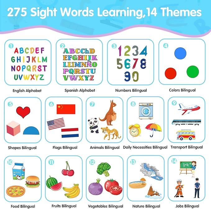 QuTZ ABC Learning Flash Cards for Toddlers 2-4 Bilingual Spanish English, Autism Toys, Speech Therapy Toys, Educational Learning Talking Sight Words Flash Cards for Boys and Girls, 275 Sight Words