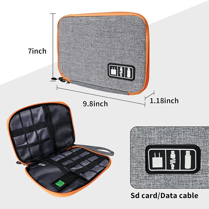 Electronics Travel Organizer,Portable Waterproof Electronic Travel Storage Bag for Small Charging Cord Storage,Charger,SD Card etc,for Travel,Business-Grey Orange