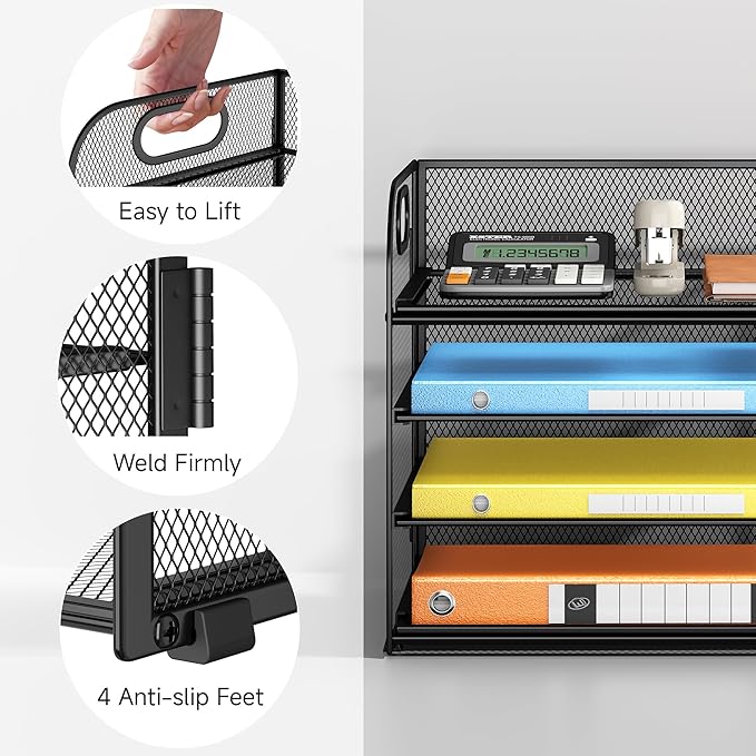 Lavatino Paper Organizer for Desk, 4-Tier Desk Organizer Tray, Mesh Desktop File Organizers with Handle, Office Classroom Organization and Storage-Black