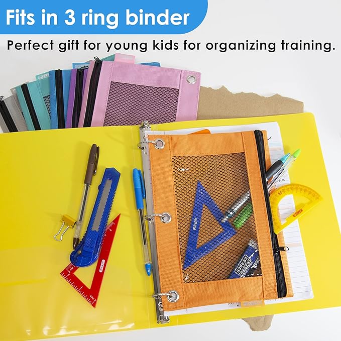 BAZIC Products Pencil Pouch 3 Ring Binder Pouch w/Rivet Enforced Rings Holes, Pastel Color Mesh Window Zipper Pouchesr, 6-Pack