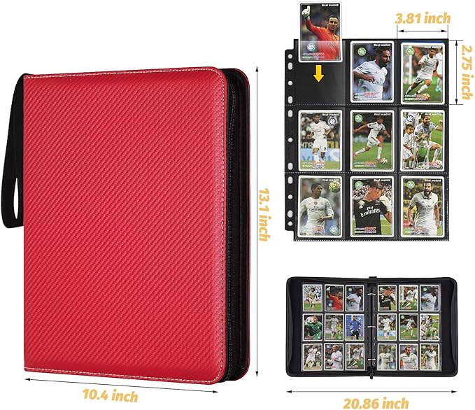 9 Pocket Card Binder, Premium Zip Trading Card Binder, 720 Double Sided Pocket PU Card Collection Binder, Collector Card Album, Card Folder for MTG, TCG, Sports Cards, Game Cards (Red)