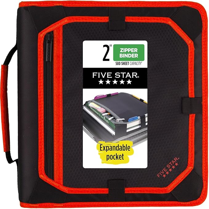 Five Star Zipper Binder, 2 Inch 3-Ring Binder with Round Rings, Expansion Panel and 5-Tab Expanding File, 580 Sheet Capacity, Red/Black (29052CE8)