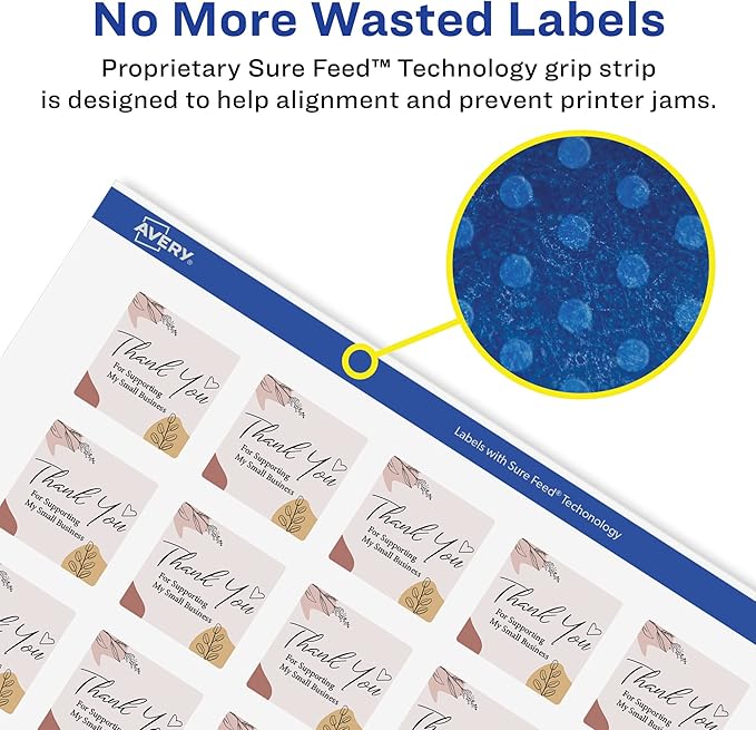 Avery Glossy White Square Labels, Sure Feed Technology, 1" x 1", 480 Glossy White Labels, Print-to-The-Edge, Permanent Adhesive, Laser/Inkjet Printable