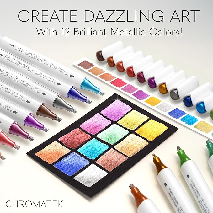 CHROMATEK Dual Tip Metallic Paint Markers - 12 Colors Brush & Chisel Tip Paint Pens for Black Paper, Rock Painting, Scrapbooking, Card Making, Photo Album, Glass, DIY Crafts Art Supplies, Waterproof