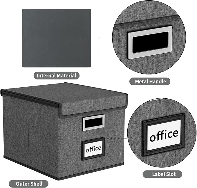 Huolewa File Organizer Boxes with Lids, Linen Office Document Storage Boxes, Filing Boxes, Decorative Small File Boxes for Hanging Files with Plastic Slide for Office/Cabinet/Decor/Home