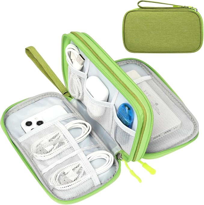 FYY Electronic Organizer, Travel Cable Organizer Bag Pouch Electronic Accessories Carry Case Portable Waterproof Double Layers Storage Bag for Cable, Cord, Charger, Phone, Earphone, Medium Size Green