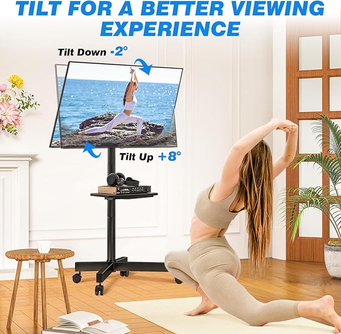 Rfiver Mobile TV Stand for 23-60 Inch LCD LED Flat/Curved Panel Screen TVs up to 88 lbs, Rolling TV Stand with Adjustable Shelf & Tilt, Portable Floor Stand on Wheels for Bedroom, Living Room, Office