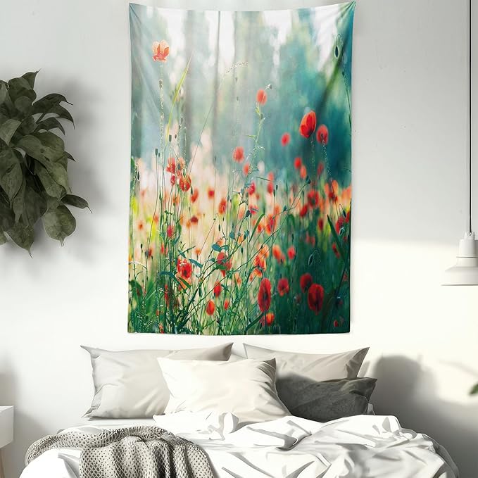 Ambesonne Nature Tapestry Twin Size, Wild Red Poppy Flowers Field Summertime Sunbeams Gardening Bedding Plants, Wall Hanging Bedspread Bed Cover Wall Decor, 68" X 88", Red Green Yellow