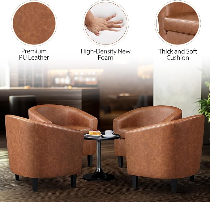 Yaheetech Brown Accent Chairs Set of 2, Faux Leather Barrel Chairs, Comfy Modern Leather Club Armchairs with Soft Seat for Living Room Bedroom Reading Waiting Room, Brown