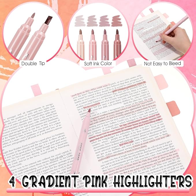 Janlaugh 38 Pcs Aesthetic College School Supplies with Pen Case Sticky Notes Gel Pens Highlighters Correction Tapes Back to School Stationery Kit(Pink Color,Classic)