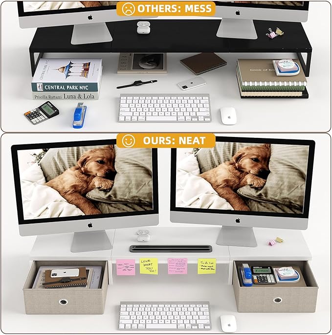 Mexin Dual Monitor Stand Riser with 2 Drawers - 39Inch Large Storage Computer Monitor Stands for 2 Monitors, Wooden Desktop Organizer Perfect for Home Office Desk, Computer, Laptop, TV, White