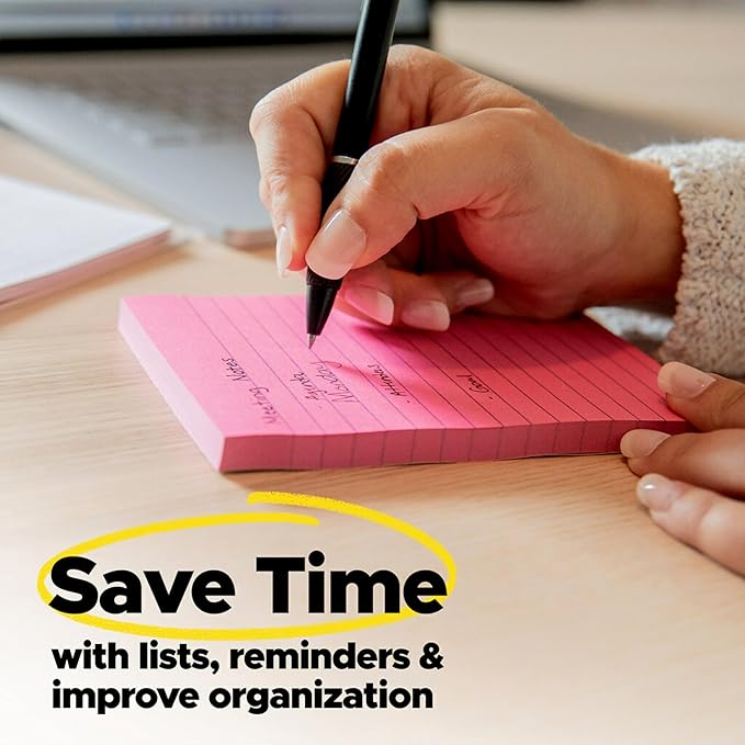 Post-it Super Sticky Lined Notes, 3 Sticky Note Pads, 4 x 6 in., Ideal for Organization in Your Dorm, Home or Office, Playful Primaries Collection