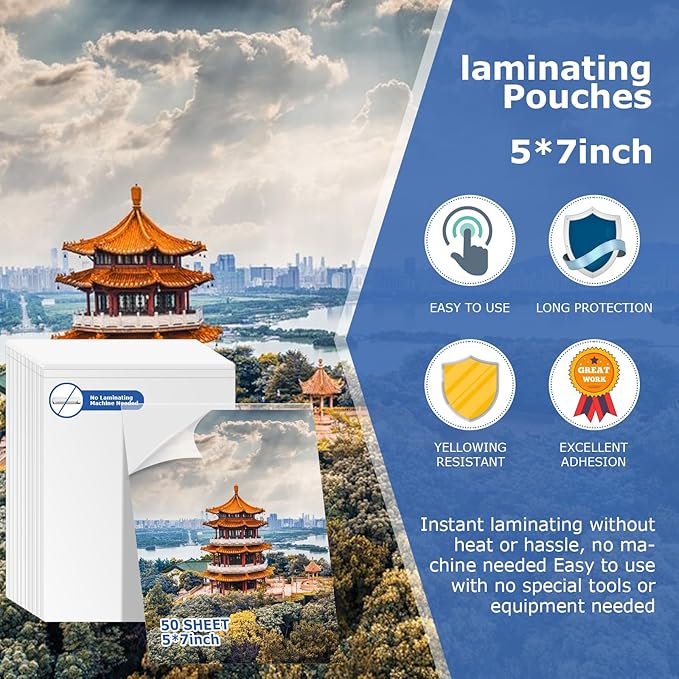 DLUGOPIS 50 Sheets Self Seal Laminating Pouches 5x7 Self Adhesive Laminating Sheet No Heat No Laminating Machine Needed for Photos Index Cards