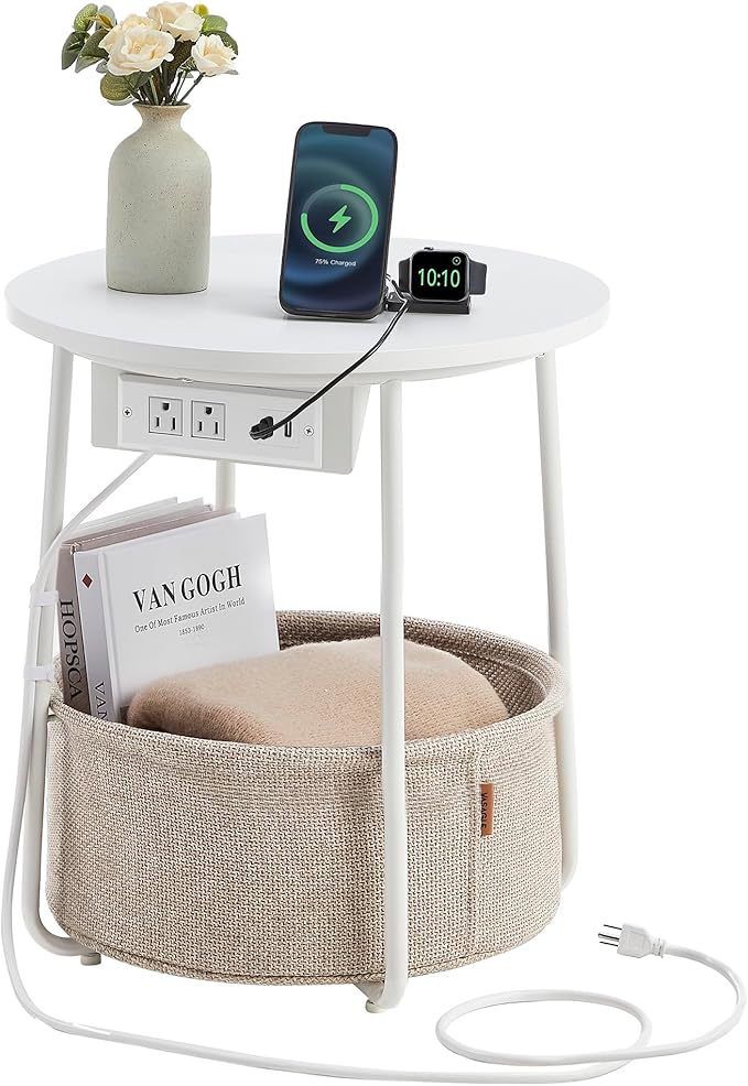 VASAGLE LILEA Collection - Side Table with Charging Station, Round End Table with Fabric Basket, Nightstand with USB Ports, for Living Room, Bedroom, Modern, Matte White and Camel Brown ULET228W01
