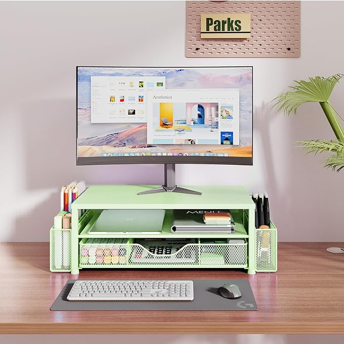 OPNICE Desk Organizers and Accessories, 2-Tier Computer Monitor Stand Riser with Drawer and 2 Pen Holders, Laptop Stand, Office Desk Accessories for Office Supplies, Green