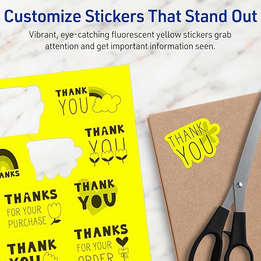 Avery Printable Sticker Paper, 8-1/2" x 11", Full-Sheet Labels, Neon Yellow Labels, Laser/Inkjet Printable, 80 Total, Great for Packaging and Stickers