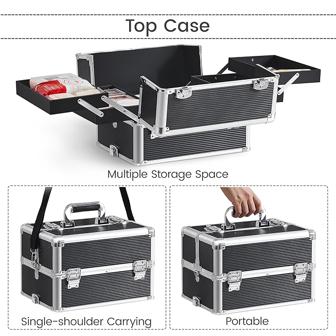 Yaheetech Professional Makeup Train Case 5 in 1 Cosmetology Case on Wheels Aluminum Beauty Travel Case Rolling Cosmetic Organizers & Storage Black