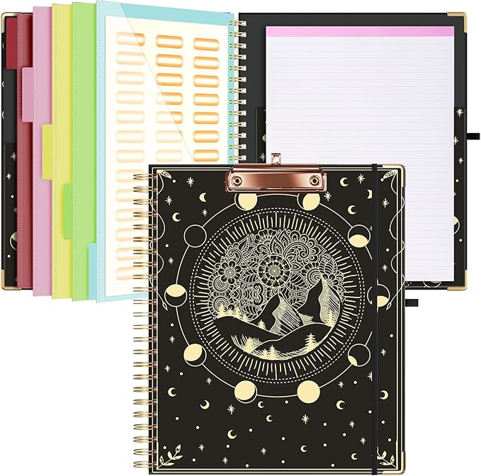 Ospelelf Clipboard with Storage 8.5 X 11，Padfolio Organizer, Spiral Portfolio Letter Size with Notepad, Pen Holder, 5 Extra Folder Divider Pages, Elastic Closure Nurse Office Essentials (Moon)