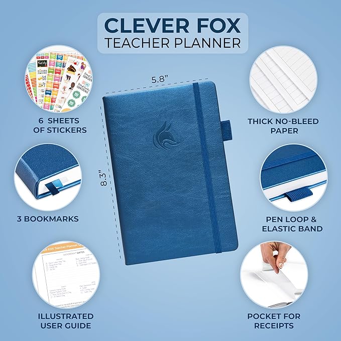 Clever Fox Teacher Planner – School Year Planner with Calendars & Lesson Plans – Teacher Plan Book for Classroom & Homeschool Organization - Undated, A5 Size, Hardcover (Mystic Blue)