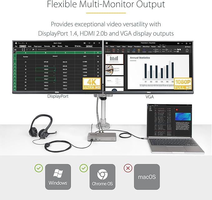 StarTech.com Dual-Monitor USB-C Docking Station, DisplayPort & HDMI or VGA, Multi Monitor Dock up to 4K 60Hz - USB 3.2/3.1 (5Gbps) Type-C Dock - 7X USB Hub, 85W PD, Windows & ChromeOS, TAA