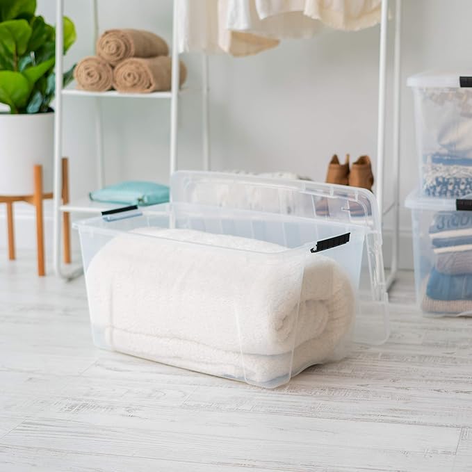 IRIS USA 72 QT Plastic Storage Box with Lid and Latches - 4 Pack - BPA-Free, See-Through Organizing Solution, Durable Nestable Stackable Containers, Secure Pull Handle - Clear