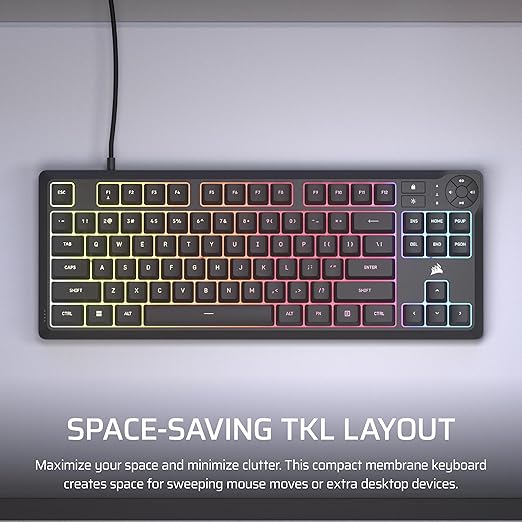Corsair K55 CORE TKL RGB Gaming Keyboard – Tenkeyless, 8-Zone RGB, Quiet Membrane Keys, Spill Resistant, Media Keys, 1000Hz Polling – NA Layout – Black