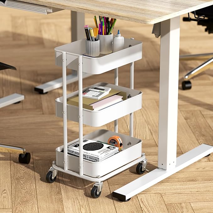 Simple Houseware 3-Tier Compact Utility Rolling Cart, Low 24” Height Fits Under Desk, Space-Saving Storage for Home Office, Dining Room, or Kitchen, White