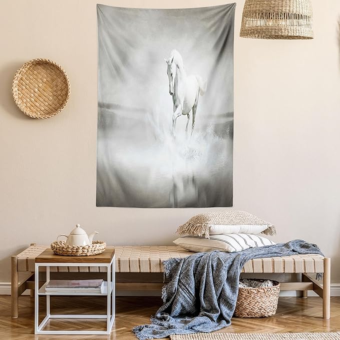 Ambesonne Horses Tapestry, Wild Horse Running Through Water Dramatic for the Motivation of Life Art, Fabric Wall Hanging Decor for Bedroom Living Room Dorm, 30" X 45", Black and White