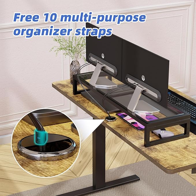 Simple Trending Dual Monitor Stand Riser, Tempered Glass Computer Desk Organizer with Mouse Pad for Laptop, iMac, TV, Black