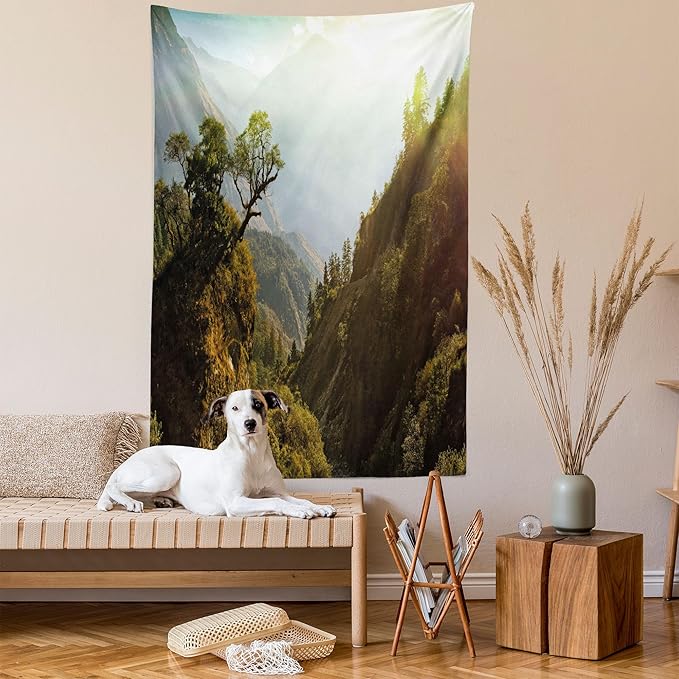 Ambesonne Landscape Tapestry, Forest Nepal Himalaya Mountains Sunlight Majestic Scenery Nature Photo, Fabric Wall Hanging Decor for Bedroom Living Room Dorm, 30" X 45", Green Pale Yellow