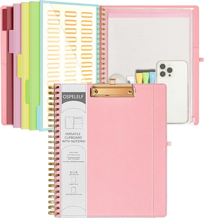 Ospelelf Pink Foldable Spiral Clipboard Folio with Storage Zipper Pouch, 5 Plastic Folders with 10 Pockets,Refillable Lined Notepad (11" x 8.5"), Hardcover Project Organizer with 39 Stickers