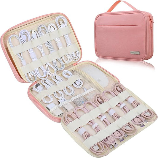 Lacdo Cord Organizer Travel, Cable Organizer Bag Case, Portable Electronics Organizer Travel Case, 6 Layer Large Capacity Charging Cords Storage organizer for Cables, SD Card, Travel Essentials, Pink