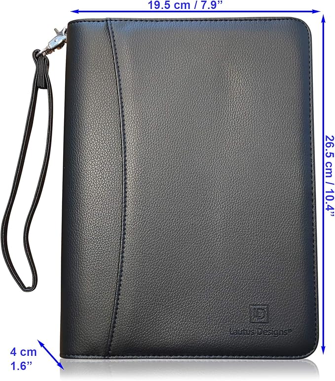 Zippered Portfolio Binder with Junior Legal 5x8 Notepad - Matt Black PU Faux Leather Business Padfolio Organizer Folder with 8 Inch Tablet Sleeve & Gift Box by Lautus Designs