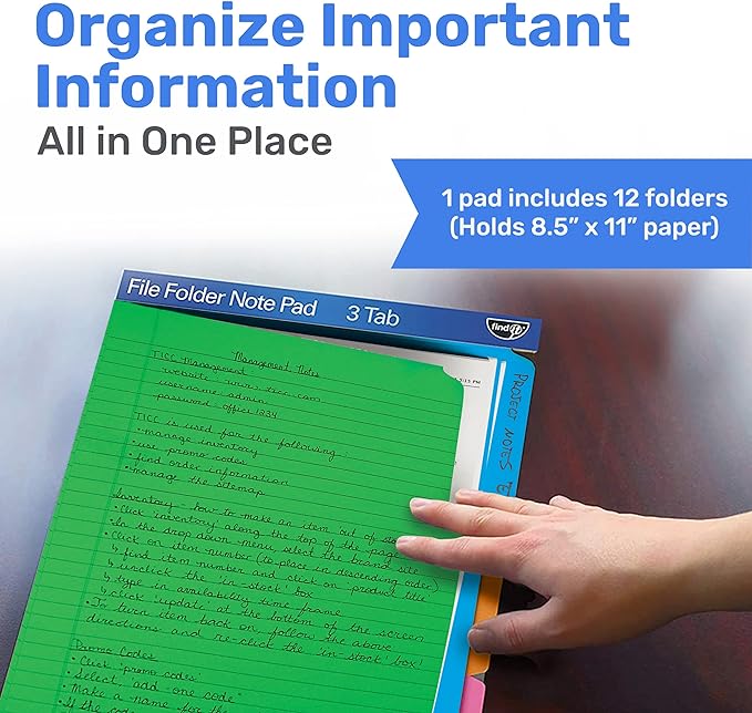 Find It File Folder Notepad - Pack of 12-9.5 x 12.5 Inch Notebook Organizer Folders for Filing, Document, and Clipboard Organization - Assorted Neon Colors