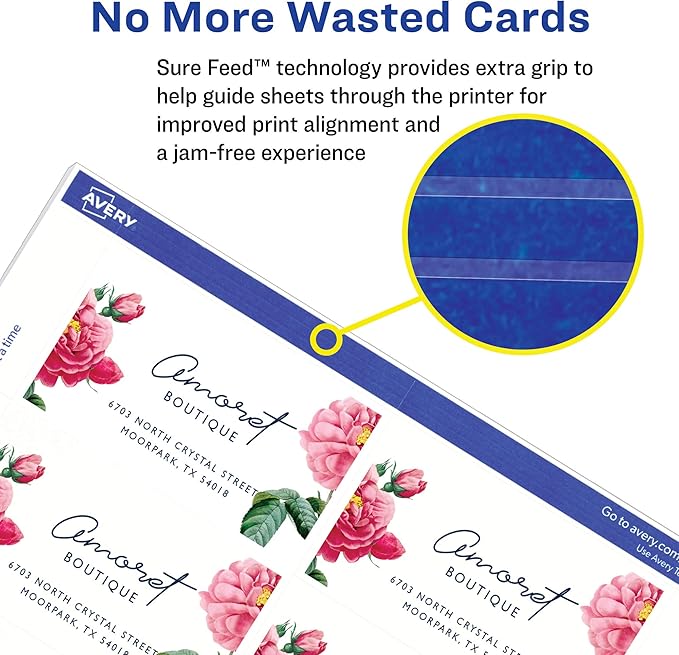 Avery Printable Business Cards with Sure Feed Technology, 2" x 3.5", White, 250 Blank Business Cards, Inkjet Printer Paper (08371)