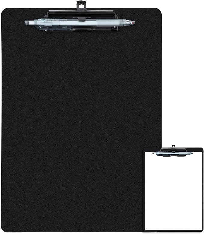 Clipboard with Pen Holder, Plastic Clipboard with Low Profile Metal Clip, Hanging Clipboards Holds 8.5x11 Inch Papers, Standard A4 Letter Size Clip Board for Office & School, Black