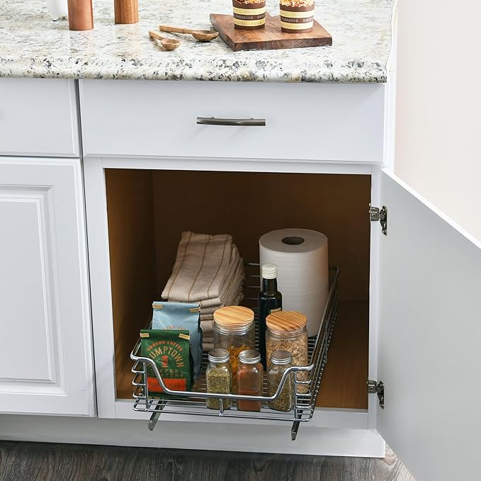 Household Essentials Glidez Chrome-Plated Steel Extended Depth 1-Tier Sliding Under Sink Cabinet Organizer, Chrome