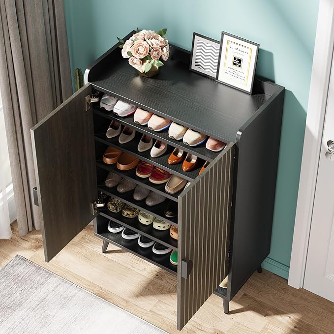 Tribesigns Shoe Cabinet with Doors, 7-Tier Shoe Storage Cabinet with Adjustable Shelves, Wooden Shoes Rack Shoe Storage Organizer for Entryway, Hallway, Closet, Living Room, Gray
