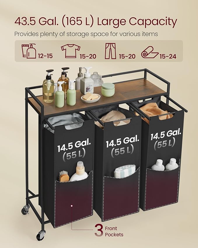 VASAGLE Laundry Sorter, 43.5 Gal. (165 L) Laundry Hamper Basket with 3 Compartments, Rolling Cart with Wheels, Shelf, Removable Bags, Pockets, Ink Black and Rustic Brown UBLH031B01