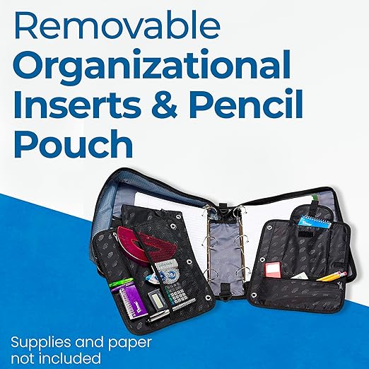 Case-it The Dual 2-in-1 Zipper Binder | Two 1.5-Inch D-Rings, 600 Sheet Capacity, Pencil Pouch & Multiple Pockets | School & Office Organizer with Shoulder Strap | Dual-101 Midnight Blue