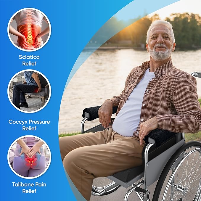 Wheelchair Cushion for Pressure Relief - (4-Piece Set) 18”x16” Anti-Slip Wheelchair Seat Cushions, Lumbar Pillow and Wheelchair Armrest Pads for Adults, Seniors, Wheelchair Accessories