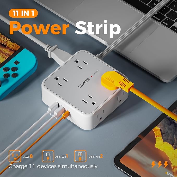 Surge Protector Power Strip, TESSAN 5 FT Flat Extension Cord with 8 AC Outlets 3 USB Ports (1 USB C), 900 Joules Protection, 3-Sided Wall Plug Extender, Desk Charging Station for Office, Dorm