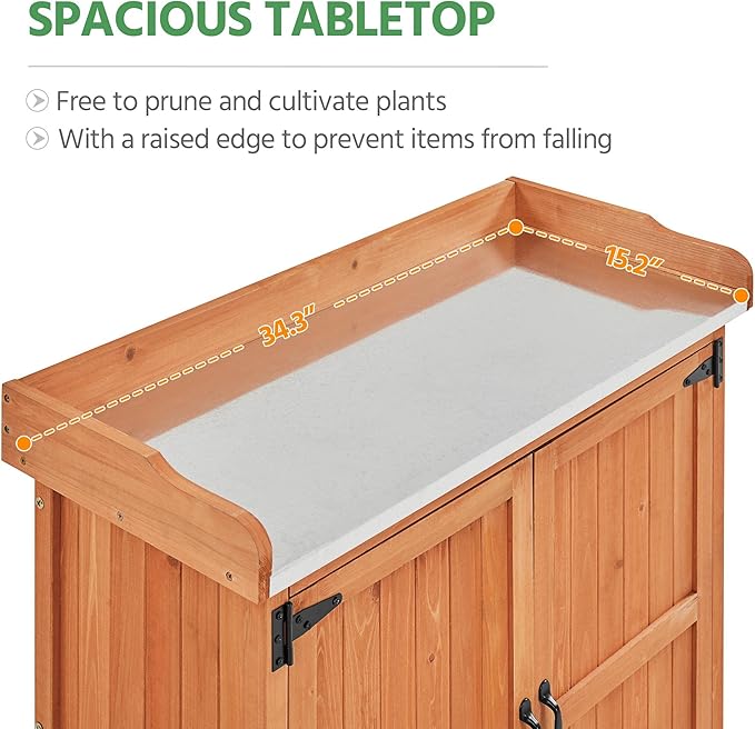 Yaheetech Garden Potting Bench Table - Outdoor Garden Patio Wooden Storage Cabinet & Solid Wood Planting Work Bench with Large Space Storage & Metal-Plated Tabletop, Brown