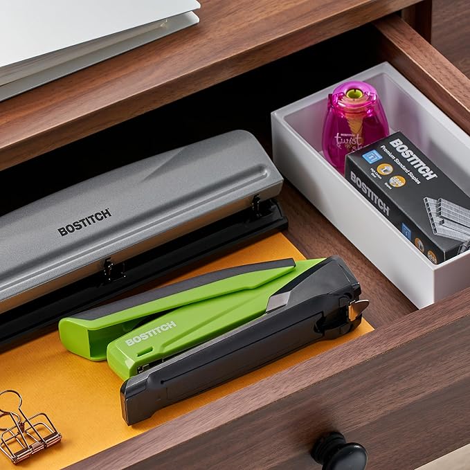 Bostitch Office InPower Spring-Powered Desktop Stapler, 20 Sheet Capacity, One Finger Stapling, Includes 210 Staples, Jam Free, Opens for Tacking, Green