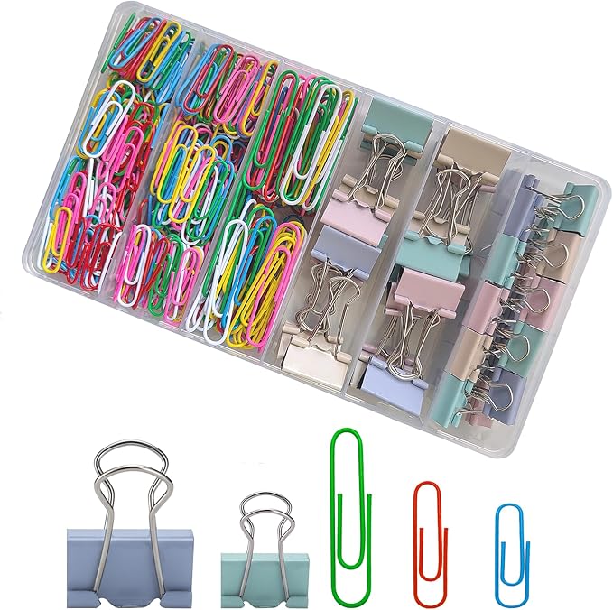 284 PCS Office Clips Set Small Medium Large Binder Clips and Paper Clips Colored Assorted Sizes for Home, School and Office Supplies